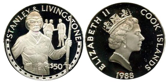 50 долларов 1988 г. - памятная монета Островов Кука, посвящённая Дэвиду Ливингстону и Генри Мортону Стэнли